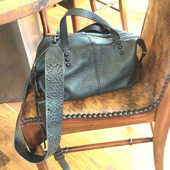 Rebecca Minkoff Leather Satchel With Studded Guitar Strap 🖤Black - Picture 2 of 16